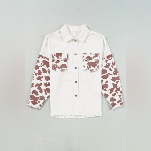 Raw Hem Animal Print Long Sleeve Denim Jacket - Picture 3 of 7